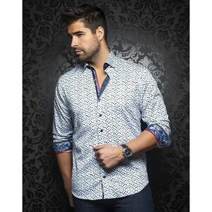 Au Noir Mens Blue Glasses Design Button Down Long Sleeve Shirt Size 5